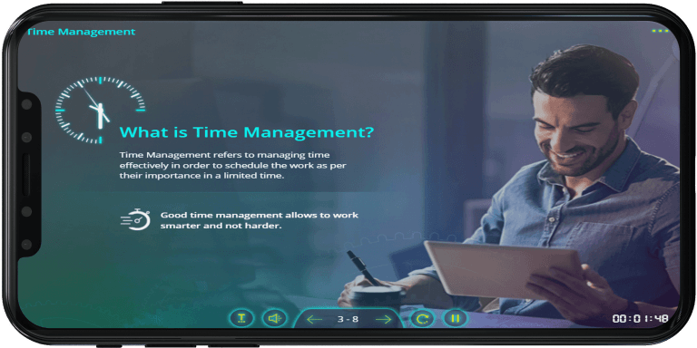 Screenshot of a mobile learning module on time management